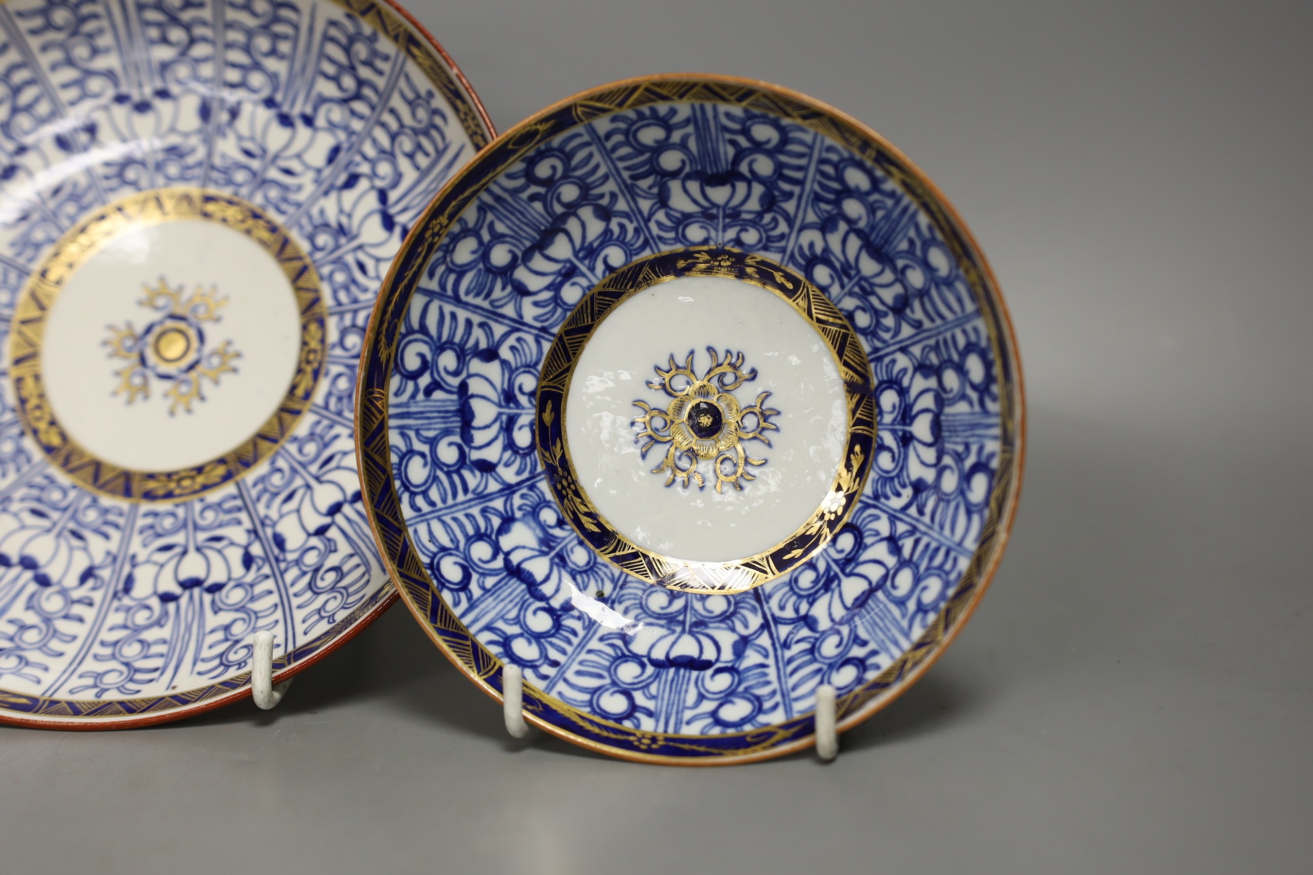 A Chamberlains Worcester saucer shaped dish and coffee cup and saucer both painted with the Royal Lily pattern c.1785